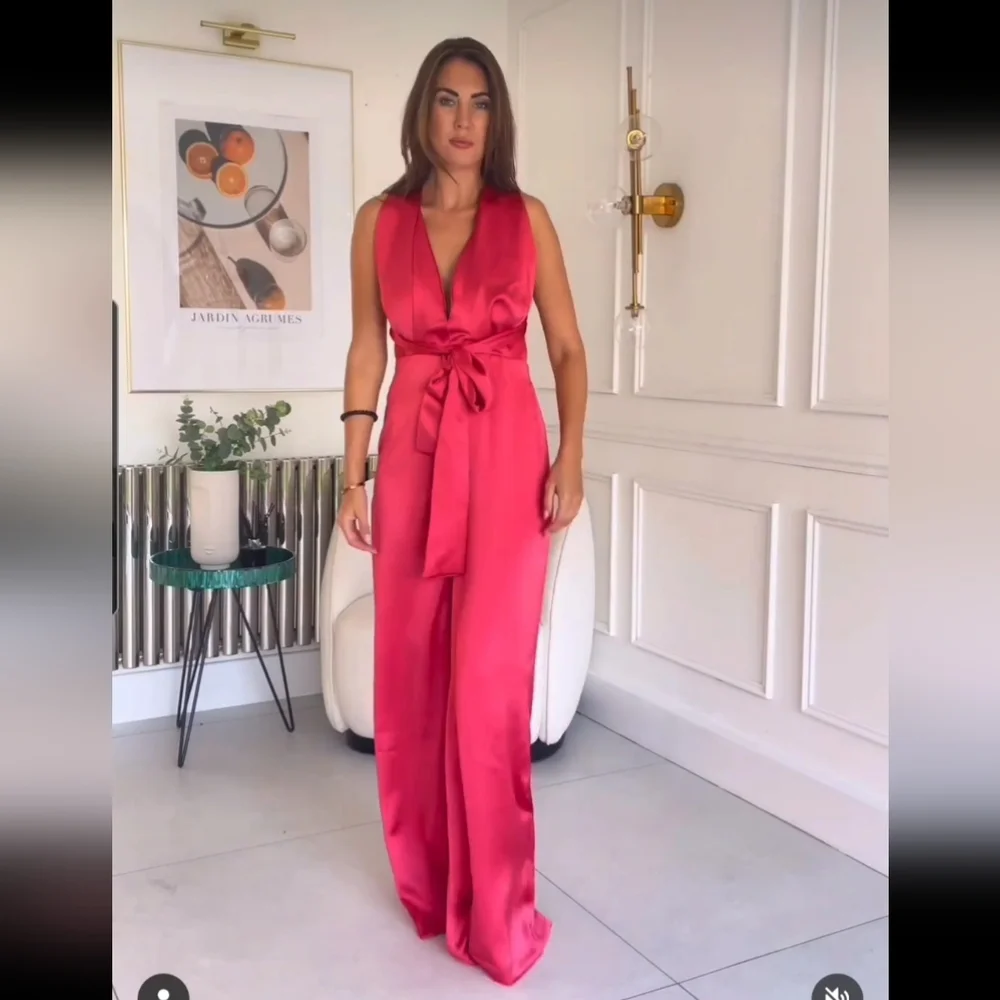 Zara * Satin Effect Jumpsuit Wide Leg Pink Long Size XS